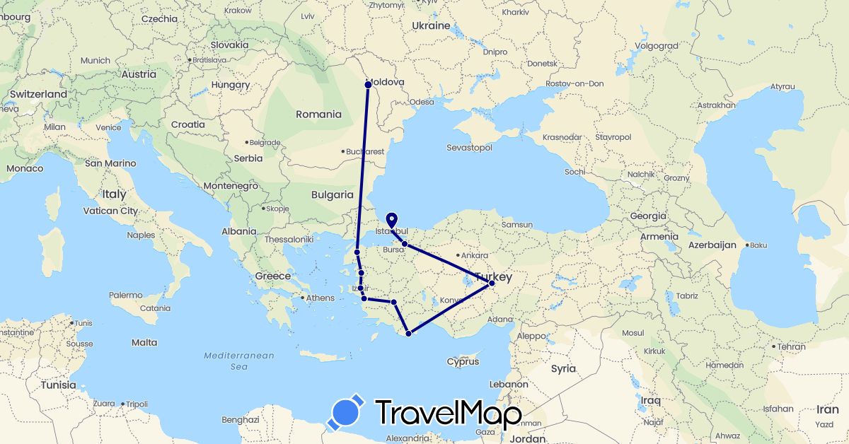 TravelMap itinerary: driving in Romania, Turkey (Asia, Europe)